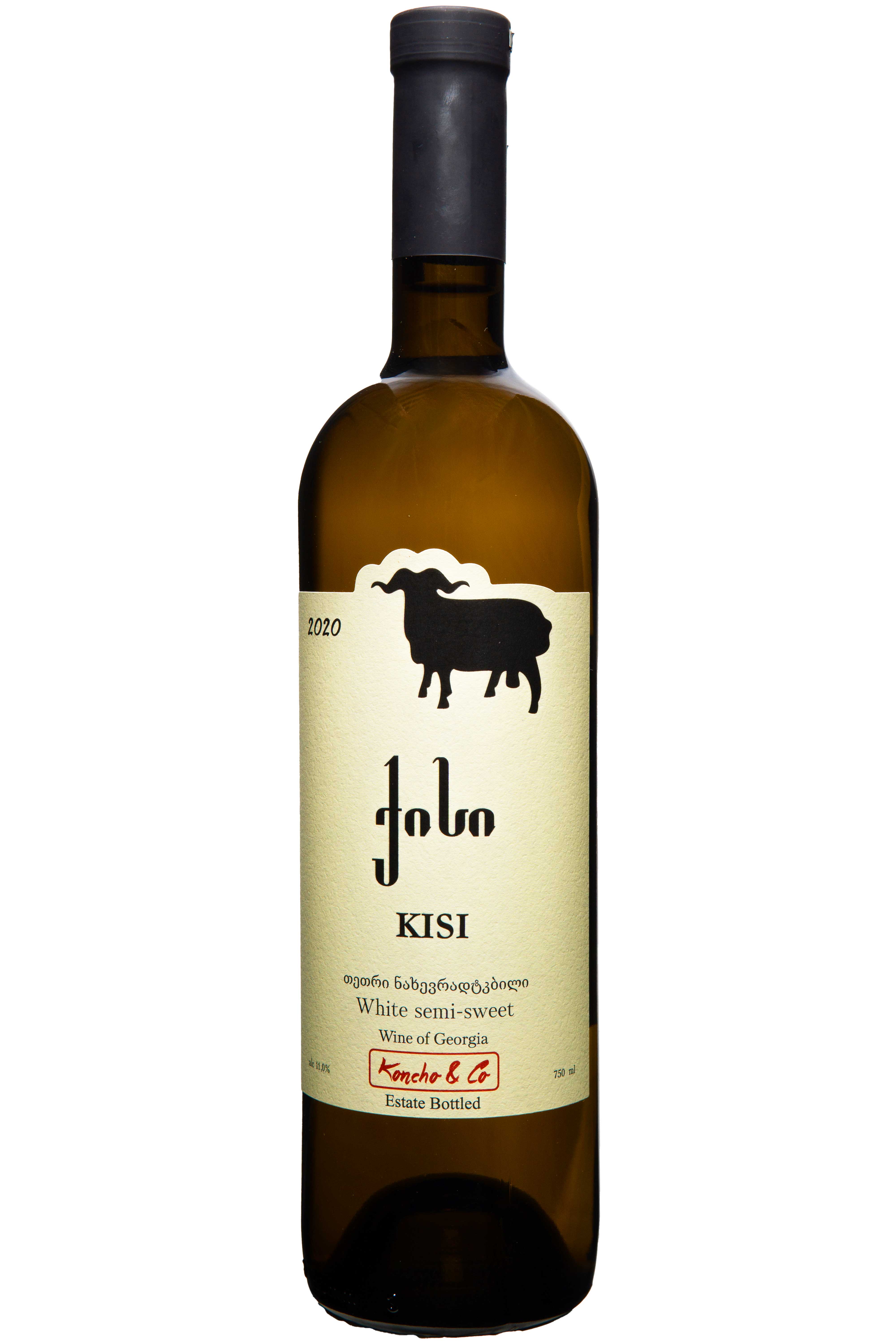 Flasche Koncho & Co. Kisi 2020, lieblicher Weißwein aus Georgien mit reicher Aromenvielfalt und sanfter Süße.