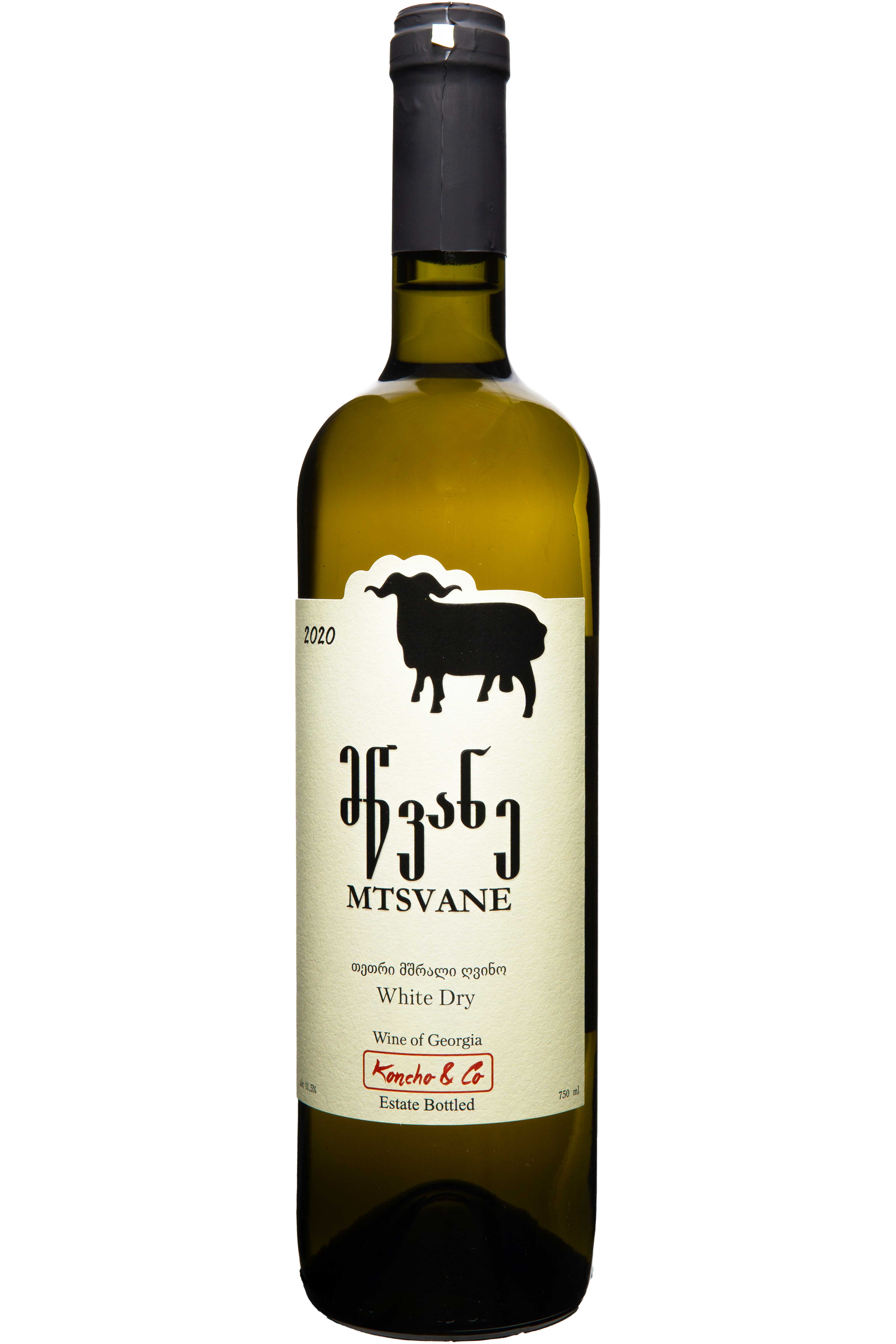 Flasche Koncho & Co. Mtsvane 2020, trockener Weißwein, feine georgische Weinherstellung mit klarer, frischer Geschmacksnote.